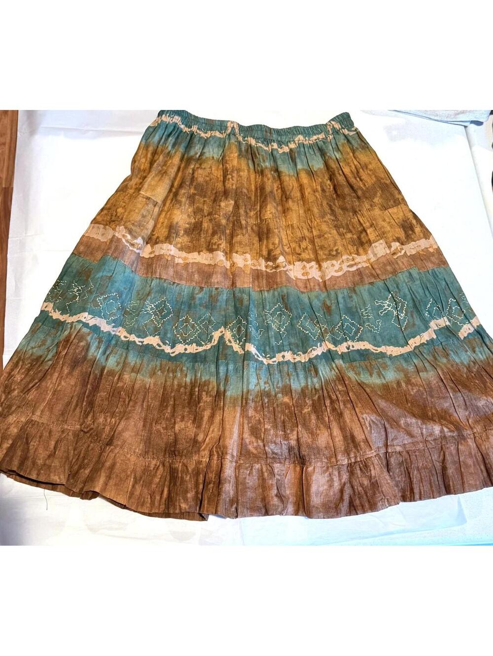Southwestern and Tie Dye Motif Boho Midi Earth Tones Skirt